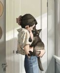  1girl animal black_hair blue_pants cat claw_hair_clip closed_eyes commentary dated denim door from_side hair_ornament hairclip highres holding holding_animal holding_cat jeans kimura_731 original pants shirt_tucked_in signature 