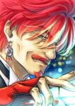  1boy absurdres alternate_hair_color blurry blurry_background earrings facial_hair fingerless_gloves gloves goatee hair_over_eyes hand_up highres ikeda_tsukasa jewelry lau_chan mustache red_gloves redhead solo twitter_username virtua_fighter yellow_eyes 