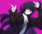  1girl arms_up blunt_bangs bocchi_the_rock! chin_piercing choker coat gothic goumonsha highres hime_cut jacket jewelry long_hair necklace one_eye_closed open_clothes open_coat pa-san pink_background pointing pointing_up purple_hair simple_background smile solo trench_coat very_long_hair violet_eyes 
