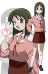  ! &gt;:) 1girl :d a_(phrase) ascii_art azumanga_daioh azumanga_daioh&#039;s_school_uniform blush_stickers brown_eyes brown_footwear brown_hair brown_skirt clenched_hand full_body hand_on_own_hip hand_up highres iniooooo kasuga_ayumu kneehighs long_sleeves looking_at_viewer medium_hair multiple_views neck_ribbon open_mouth pink_shirt pleated_skirt red_ribbon ribbon sailor_collar school_uniform shirt shoes simple_background sketch skirt smile socks speech_bubble upper_body v-shaped_eyebrows white_background white_socks 