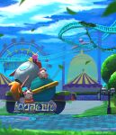  amusement_park bird blue_sky clouds colored_skin creature highres kirby kirby_(series) kirby_and_the_forgotten_land leaf leo_taranza no_humans pink_skin rocket roller_coaster scenery sky stairs tongue tongue_out tree wondog wondy 