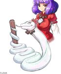  1girl absurdres closed_mouth commentary dated english_commentary highres layered_sleeves long_sleeves mirror onbashira profitshame purple_hair red_eyes short_hair short_over_long_sleeves short_sleeves signature simple_background smile snake touhou white_background white_snake yasaka_kanako yasaka_kanako_(snake) 