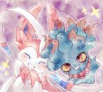  beads blush closed_eyes colored_sclera commentary_request facing_viewer grin highres looking_at_viewer misdreavus no_humans pokemon pokemon_(creature) red_eyes remedy_matome smile sparkle sylveon teeth yellow_sclera 