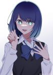  1girl :d black_sweater_vest blue_bow blue_bowtie blue_eyes blue_hair bow bowtie collared_shirt commentary gradient_hair hand_up highres kurokawa_akane light_blush long_sleeves looking_at_viewer medium_hair multicolored_hair open_hand open_mouth oshi_no_ko school_uniform shirt simple_background smile solo star-shaped_pupils star_(symbol) sweater_vest symbol-shaped_pupils teeth upper_body upper_teeth_only white_background white_shirt yuriru 