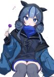  1girl aizuki_sui arknights black_hood black_thighhighs blue_eyes blue_hair blue_jacket blue_sweater candy commentary_request cowboy_shot double_bun food glaucus_(arknights) hair_between_eyes hair_bun head_tilt highres holding holding_candy holding_food holding_lollipop hood hood_up invisible_chair jacket light_blue_hair lollipop long_hair long_sleeves looking_at_viewer multicolored_hair open_clothes open_jacket parted_lips simple_background sitting slug_girl solo streaked_hair sweater thigh-highs turtleneck turtleneck_sweater white_background zettai_ryouiki 