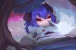  1girl black_horns hair_between_eyes horns kindred_(league_of_legends) lamb_(league_of_legends) league_of_legends long_hair long_sleeves lxi_(lxi141) lying mask purple_hair spirit_blossom_kindred tree wolf_(league_of_legends) 