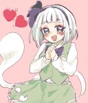  1girl :d black_bow black_bowtie black_hairband black_ribbon blue_eyes blush bob_cut bow bow_hairband bowtie buttons collared_shirt cropped_torso frilled_skirt frills green_skirt green_vest hair_ribbon hairband heart highres hitodama_print konpaku_youmu konpaku_youmu_(ghost) long_sleeves looking_at_viewer medium_hair open_mouth own_hands_clasped own_hands_together pink_background ribbon shirt short_hair simple_background skirt smile solo suzukaze_4 touhou vest white_hair white_shirt 