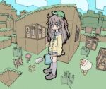  1girl :d ahoge axe bird black_outline block block_(minecraft) blue_eyes blush bow bowtie brown_footwear brown_hair cardigan chicken chicken_(minecraft) clouds crafting_table_(minecraft) fisheye flower grass green_ribbon grey_sailor_collar grey_skirt hair_bow hair_ornament heart heart_hair_ornament holding holding_axe indie_virtual_youtuber kneehighs long_hair long_sleeves looking_to_the_side minecraft neck_ribbon neuro-sama open_mouth outline pantsu-ripper pleated_skirt red_ribbon ribbon sailor_collar school_uniform shoes skirt sky smile socks solo_focus standing tree turtle two_side_up vedal987 virtual_youtuber wide_shot yellow_cardigan 