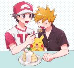  2boys :d blonde_hair blue_oak buttons closed_eyes collared_shirt commentary_request eating feeding food fork hand_up hat holding holding_fork leaf male_focus mochi_(mocchi_p_2m) multiple_boys open_mouth pancake plate pokemon pokemon_(game) pokemon_sm red_(pokemon) shirt short_hair short_sleeves smile spiky_hair teeth upper_teeth_only 