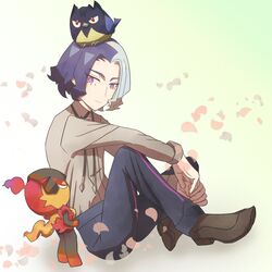  1boy amethio_(pokemon) animal_on_head bird bird_on_head black_hair black_pants brown_footwear brown_shirt charcadet full_body grey_hair knee_up male_focus matsuri_(mtsrk) multicolored_hair on_head pants pokemon pokemon_(anime) pokemon_(creature) rookidee shirt simple_background sitting two-tone_hair violet_eyes white_background 