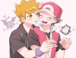  2boys :o aerodactyl blonde_hair blue_oak blush closed_eyes collared_shirt commentary_request hat holding_hands male_focus mochi_(mocchi_p_2m) multiple_boys open_mouth pink_headwear pink_vest pokemon pokemon_(game) pokemon_frlg purple_wristband red_(pokemon) shirt short_hair short_sleeves snorlax spiky_hair t-shirt teeth upper_body upper_teeth_only vest white_background wristband yellow_eyes 