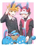  2boys azumarill belt belt_buckle blonde_hair blue_oak blush border buckle commentary_request hand_up hat highres jacket jewelry male_focus mochi_(mocchi_p_2m) multiple_boys necklace open_mouth pants pink_background pokemon pokemon_(creature) pokemon_(game) pokemon_ears pokemon_hgss red_(pokemon) red_headwear shirt short_hair smile spiky_hair sweatdrop teeth upper_teeth_only white_border white_shirt 