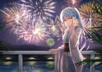  1girl absurdres aerial_fireworks against_railing ahoge alternate_costume blue_hair blush closed_mouth colored_tips commentary_request double-parted_bangs fireworks heart heart_ahoge highres holding hololive japanese_clothes kimono lake long_hair multicolored_hair night night_sky official_alternate_costume outdoors pointy_ears ponytail railing rieatco sky smile solo streaked_hair virtual_youtuber white_kimono yellow_eyes yukata yukihana_lamy 