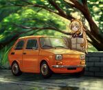  1girl ahoge aqua_eyes blonde_hair car commentary dappled_sunlight fang fiat fiat_126 girls_frontline gloves hairband holding holding_map long_hair map massabou2 messy_hair motor_vehicle outdoors s.a.t.8_(girls&#039;_frontline) skin_fang solo stone_wall sunlight tree upper_body vehicle_focus very_long_hair wall yellow_gloves 