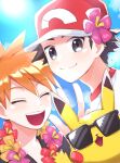  2boys :d black_hair blue_oak closed_eyes closed_mouth commentary_request day flower flower_wreath happy hat hat_flower highres male_focus mochi_(mocchi_p_2m) multiple_boys open_mouth orange_hair outdoors pikachu pokemon pokemon_(creature) pokemon_(game) pokemon_sm red_(pokemon) red_headwear shirt short_hair smile spiky_hair split_mouth sunglasses teeth upper_body upper_teeth_only w 