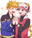  2boys :d animal_ears blonde_hair blue_oak blue_oak_(sygna_suit) blush bracelet closed_eyes fang hand_up happy holding_hands jacket jewelry male_focus mochi_(mocchi_p_2m) multiple_boys necklace official_alternate_costume open_mouth pants paw_print pokemon pokemon_(game) pokemon_masters_ex red_(pokemon) red_(sygna_suit)_(pokemon) shirt short_hair skin_fang sleeveless_coat smile spiky_hair tail white_background 