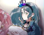  3girls absurdres aqua_hair bang_dream! bead_necklace beads black_choker blue_jacket blurry blurry_foreground bow brown_jacket choker chromatic_aberration closed_mouth commentary crown earrings flower flower_earrings gem green_eyes hair_between_eyes hair_bow head_on_another&#039;s_shoulder head_rest high_collar highres hikawa_hina hikawa_sayo idol idol_clothes incest jacket jewelry lace-trimmed_hairband lace_trim long_hair looking_at_viewer maruyama_aya medium_hair mini_crown multiple_girls necklace pink_hair purple_gemstone shadow siblings sidelocks twincest twins twintails yuri zihacheol 