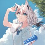  1girl absurdres ahoge animal_ear_fluff animal_ears arm_up black_bow blue_bow blue_bowtie bow bowtie braid breasts can clouds cloudy_sky commentary_request day earrings extra_ears fox_ears fox_girl green_eyes hair_between_eyes hair_bow hakua_(aiziro_039) highres holding holding_can hololive jewelry long_hair looking_at_viewer outdoors shirakami_fubuki shirt short_sleeves sidelocks single_braid sky small_breasts smile solo summer virtual_youtuber white_hair white_shirt 