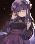  1girl adjusting_eyewear arm_up bespectacled blunt_bangs bow breasts dress falken_(yutozin) glasses hair_bow hat highres long_hair long_sleeves looking_at_viewer medium_breasts open_mouth patchouli_knowledge purple_bow purple_hair red_bow revision semi-rimless_eyewear shirt_tucked_in simple_background skirt solo sweater touhou upper_body very_long_hair yellow_eyes 