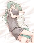  2girls absurdres bang_dream! bare_arms bare_legs bed closed_eyes closed_mouth commentary feet_out_of_frame green_hair green_skirt grey_shirt grey_shorts hand_on_another&#039;s_head highres hikawa_hina hikawa_sayo hug incest indoors leg_between_thighs long_hair lying multiple_girls on_bed on_side shirt short_sleeves shorts siblings sisters skirt sleeping t-shirt twincest twins white_shirt yuri zihacheol 