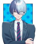  1boy aoyagi_touya bespectacled blue_hair close_game/offline_(project_sekai) collared_shirt commentary_request dark_blue_hair glasses grey_eyes hair_over_one_eye highres holding_own_arm kamiyama_high_school_uniform_(project_sekai) lapels long_sleeves male_focus multicolored_hair necktie notched_lapels official_alternate_hairstyle polka_dot project_sekai school_uniform shirt short_hair solo split-color_hair striped_necktie two-tone_hair upper_body yk62 