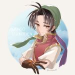  1boy bandana brown_gloves brown_hair closed_mouth commentary_request copyright_name gensou_suikoden gloves green_bandana highres kirika_(nutsmoon) looking_at_viewer male_focus medium_bangs parted_bangs red_vest shirt short_hair short_sleeves smile solo tir_mcdohl twitter_username upper_body vest white_shirt yellow_eyes 