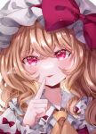  1girl :p blush bow brown_hair close-up collared_shirt crossed_bangs fangs finger_to_mouth flandre_scarlet frilled_shirt frills hair_between_eyes hat hat_bow jaku_sono long_hair long_sleeves looking_at_viewer mob_cap parted_lips pointy_ears portrait raised_eyebrows red_bow red_eyes shirt sidelocks solo tongue tongue_out touhou white_headwear white_shirt 