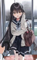  1boy 1girl adjusting_hair bag black_hair blush brown_eyes cardigan grey_cardigan highres holding holding_umbrella long_hair long_sleeves looking_at_viewer open_cardigan open_clothes open_mouth original pentagon_(railgun_ky1206) pleated_skirt pov pov_hands rain sailor_collar school_bag school_uniform serafuku shirt skirt solo_focus standing umbrella very_long_hair white_shirt 