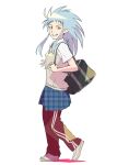  1990s_(style) 1girl blue_hair blue_skirt breasts earrings full_body grin highres jewelry long_hair looking_at_viewer plaid plaid_skirt pleated_skirt pointy_ears retro_artstyle ryouko_(tenchi_muyou!) simple_background skirt smile solo spiky_hair tenchi_muyou! ueyama_michirou unmoving_pattern white_background yellow_eyes 