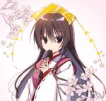  1girl :3 brown_hair cherry_blossoms closed_mouth commentary_request eyes_visible_through_hair hair_between_eyes hand_up holding holding_scroll japanese_clothes kimono long_hair long_sleeves looking_at_viewer muririn pinky_out red_eyes red_ribbon ribbon ribbon-trimmed_sleeves ribbon_trim scroll simple_background smile solo star_(symbol) tenshinranman tiara unohana_no_sakuyahime upper_body very_long_hair white_background white_kimono wide_sleeves 