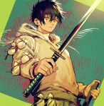  1boy black_hair blue_background closed_mouth dokuga dorohedoro expressionless eye_tattoo green_background highres holding holding_sword holding_weapon hood hoodie katana looking_at_viewer male_focus multicolored_background panco short_hair solo sword upper_body weapon white_hoodie 