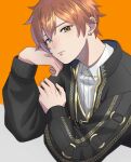  1boy blonde_hair closed_mouth collared_shirt commentary_request earrings green_eyes hand_on_own_face highres jewelry long_sleeves male_focus multicolored_hair official_alternate_costume orange_background orange_hair period_of_nocturne_(project_sekai) project_sekai shinonome_akito shirt short_hair solo streaked_hair upper_body yk62 