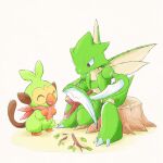  bandana claws closed_eyes creature fangs grookey highres holding holding_stick kinakomochi_(kazuna922) nostrils open_mouth pokemon pokemon_(creature) red_bandana scyther simple_background sitting_on_tree_stump stick tree_stump white_background 