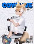  1girl alternate_costume animal_ears barefoot beleven black_shorts blonde_hair casual chair controller cover coyote_(kemono_friends) extra_ears feet game_controller hair_between_eyes highres kemono_friends kemono_friends_v_project knees_to_chest knees_up looking_at_viewer magazine_cover multicolored_hair shirt short_hair short_shorts shorts sidelocks solo t-shirt tail toenails toes two-tone_hair virtual_youtuber white_hair white_shirt wolf_ears wolf_girl wolf_tail yellow_eyes 