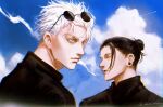  2boys blue_eyes blue_sky closed_mouth clouds contrail ear_piercing eyewear_on_head getou_suguru gojou_satoru jujutsu_kaisen looking_at_viewer male_focus multiple_boys ndsoda parted_lips piercing portrait signature sky smoking twitter_username 