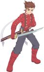  1boy boots buttons dual_wielding english_commentary full_body highres holding holding_sword holding_weapon lloyd_irving long_sleeves looking_at_viewer male_focus multiple_swords official_art pants red_footwear smile solo spiky_hair suspenders sword tales_of_(series) tales_of_asteria tales_of_symphonia transparent_background weapon 