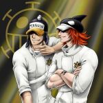  2boys absurdres arm_tattoo artist_name covered_eyes crossed_arms english_text hat hat_over_eyes highres jolly_roger medium_hair mitsisartwork multiple_boys one_piece orange_hair overalls penguin_(one_piece) penguin_hat shachi_(one_piece) sleeves_past_elbows smile tattoo teeth uniform white_overalls 