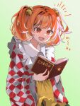 1girl :d bell book checkered_clothes checkered_kimono commentary_request dot_nose hair_bell hair_intakes hair_ornament harukaze_koyomi highres holding holding_book japanese_clothes kimono light_blush medium_hair motoori_kosuzu open_mouth orange_eyes orange_hair reading red_eyes simple_background smile solo touhou twintails two_side_up upper_body white_background