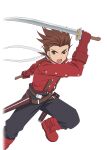  1boy boots brown_eyes brown_hair buttons english_commentary gauntlets gloves holding holding_weapon lloyd_irving male_focus official_art open_mouth pants red_footwear red_gloves solo spiky_hair tales_of_(series) tales_of_asteria tales_of_symphonia transparent_background weapon 