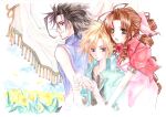  1girl 2boys aerith_gainsborough bandages black_hair black_shirt blonde_hair blue_eyes blue_shirt brown_hair closed_mouth cloud_strife collared_shirt commentary_request dress drill_hair drill_sidelocks final_fantasy final_fantasy_vii flower frown green_eyes kirika_(nutsmoon) long_hair looking_at_viewer multiple_boys open_clothes open_mouth open_shirt painting_(medium) parted_bangs pink_dress red_shirt shirt short_hair short_sleeves sidelocks sleeveless sleeveless_turtleneck smile spiky_hair traditional_media turtleneck upper_body watercolor_(medium) yellow_flower zack_fair 