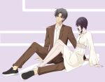  1boy 1girl akigure1 coat collarbone couple dress flat_chest formal fruits_basket highres jacket open_clothes open_jacket short_hair sitting souma_akito souma_shigure suit white_dress 