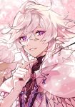  2boys ahoge asclepius_(fate) cherry_blossoms fate/grand_order fate_(series) flower flower_knot hair_between_eyes highres hood hooded_robe long_hair looking_at_viewer male_focus merlin_(fate) multiple_boys outdoors petals robe sigm upper_body violet_eyes white_hair white_robe 