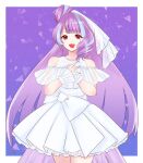  1girl :d blue_hair brown_eyes clothing_cutout dress drill_hair earrings frilled_bracelet frilled_dress frills hair_bun hands_on_own_chest highres ito_ryoujitsu jewelry long_hair looking_at_viewer macross macross_delta mikumo_guynemer multicolored_hair purple_hair shoulder_cutout single_hair_bun smile solo streaked_hair very_long_hair white_dress white_veil 