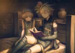  1boy 1girl anbe_yoshirou bed black_gloves blue_eyes book brother_and_sister closed_mouth flower gloves highres nier nier_(series) nier_(young) short_hair siblings smile white_hair yonah 