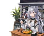  1girl :q absurdres commentary_request cone_hair_bun cup drinking_glass drinking_straw food fried_egg grey_eyes grey_hair hair_bun highres holding holding_spoon hololive hololive_indonesia long_hair long_sleeves looking_at_viewer menu_board muramasa_dash plant potted_plant rice simple_background solo spoon tissue_box tongue tongue_out twitter_username vestia_zeta virtual_youtuber walkie-talkie white_background 