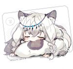  1girl animal_ears arknights blush blush_stickers character_name chibi closed_eyes commentary_request dated full_body grey_hair head_chain itsuki_02 leopard_ears leopard_girl leopard_tail nose_bubble pramanix_(arknights) simple_background sitting_on_tail sleeping solo speech_bubble spoken_zzz spotted_tail tail twitter_username white_background zzz 