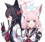  2girls :d absurdres animal_ear_fluff animal_ears black_choker black_gloves black_hair black_sailor_collar blue_archive blue_eyes blush bow choker collarbone fingerless_gloves fox_ears gloves hair_ornament halo hand_up highres long_hair long_sleeves looking_at_viewer multiple_girls neckerchief niko_(blue_archive) open_mouth pink_hair red_neckerchief sailor_collar school_uniform serafuku shirt short_hair simple_background smile upper_body v white_background white_shirt xsan yukino_(blue_archive) 