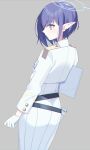  aoi_(blue_archive) blue_archive blue_hair collared_jacket earclip eko epaulettes from_behind gloves halo highres looking_to_the_side mole mole_under_eye pointy_ears short_hair simple_background standing white_gloves white_uniform 