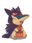  :d ^_^ absurdres closed_eyes commentary_request cosplay cyndaquil gengar gengar_(cosplay) halloween_bucket highres holding hood hood_up no_humans open_mouth pokemon pokemon_(creature) raid_(donghyeok) sitting smile solo tongue 