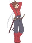  1boy arms_behind_head boots buttons english_commentary highres lloyd_irving long_sleeves looking_at_viewer male_focus official_art pants red_footwear smile spiky_hair suspenders tales_of_(series) tales_of_asteria tales_of_symphonia teeth transparent_background 